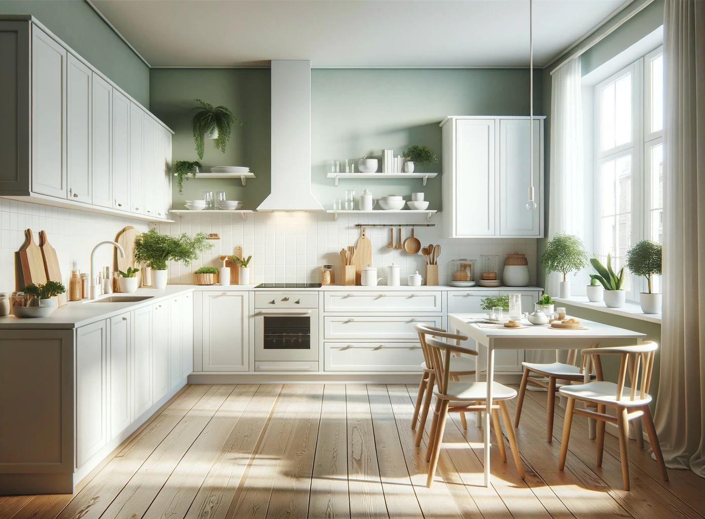 Eine moderne Küche mit einem sauberen, weißen Design. Die Schränke, Arbeitsplatten und Geräte sind ganz in Weiß gehalten, so dass ein eleganter und minimalistischer Look entsteht.